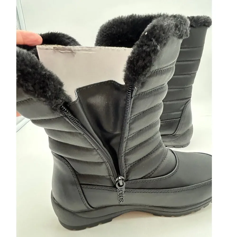 New Totes Jennifer Black Waterproof Winter Snow Boots Women's Size 6W Faux Fur